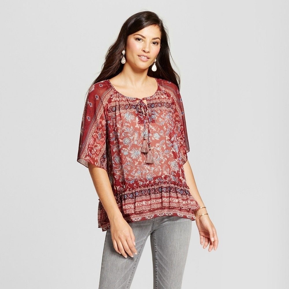 Knox Rose Burgundy Sheer Floral Blouse